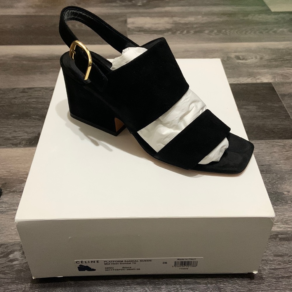 Platform suede mid heel sandal with gold hardware. Made in Italy. Price firm.